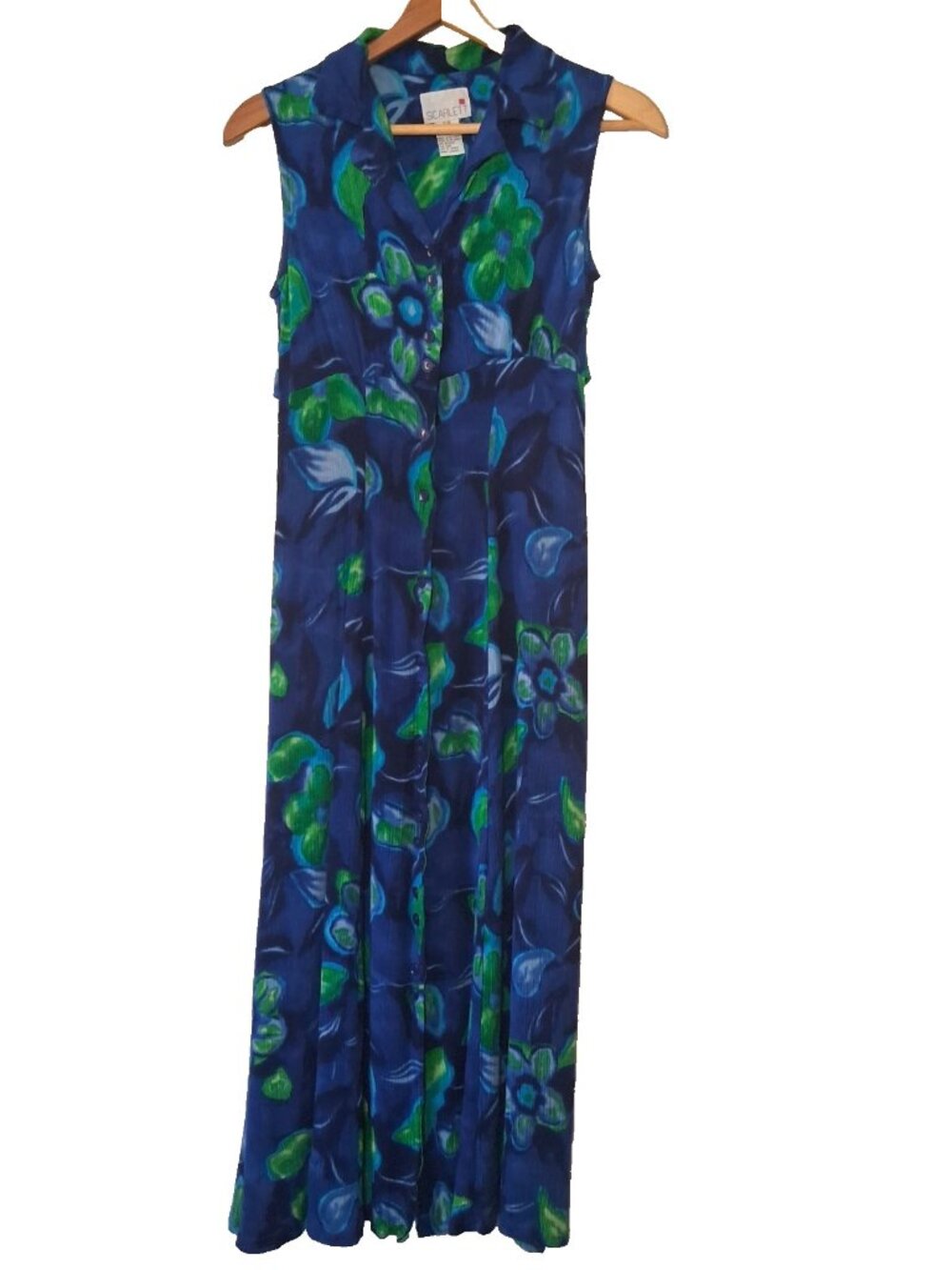 Vintage Scarlett Dress 3/4 Blue Green Floral Crinkle Rayon Button Up Sleeveless